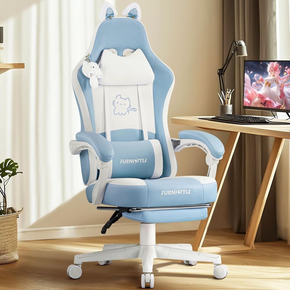 Massage - Ergonomiczne niebiesko-białe krzesło gamingowe z podparciem